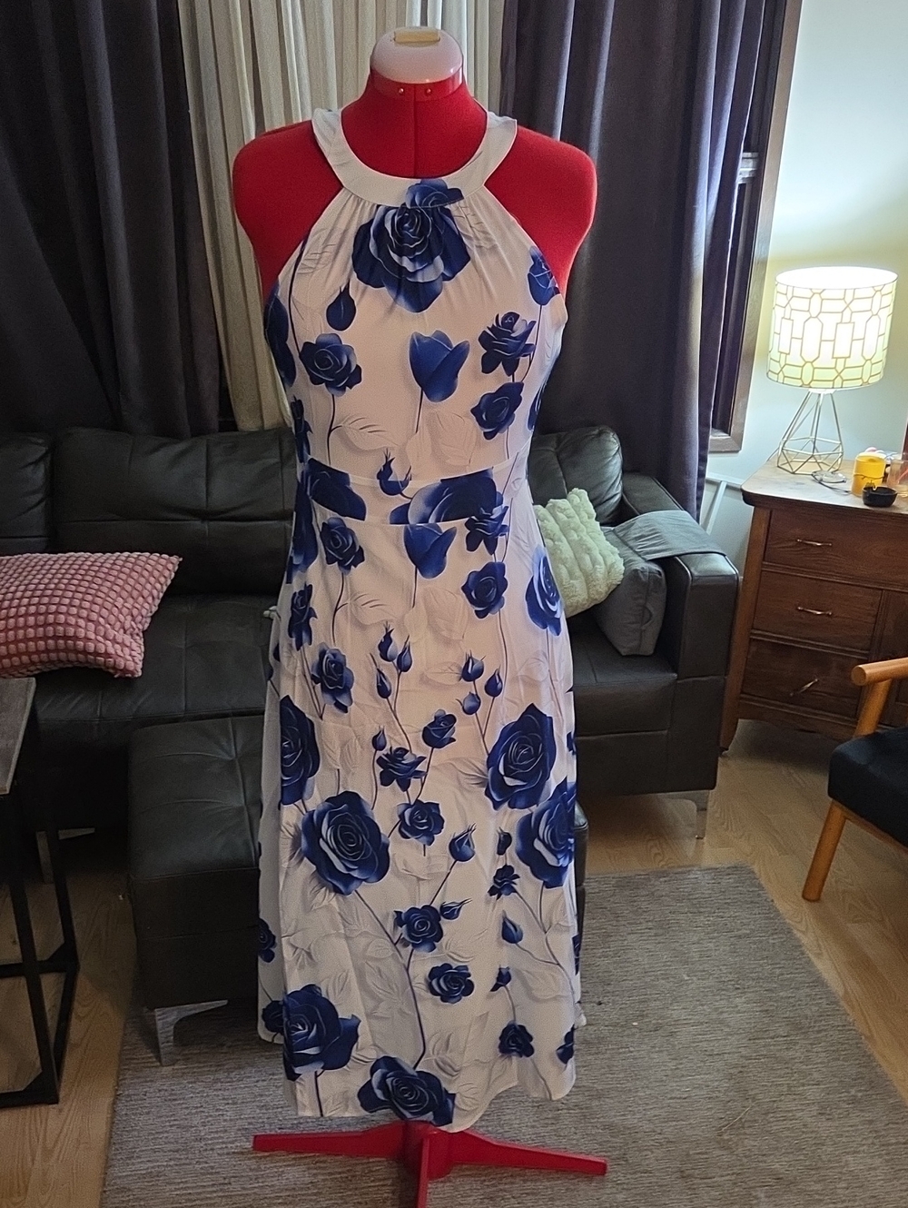 SHEIN White Halter Maxi Dress with Blue Rose Print
